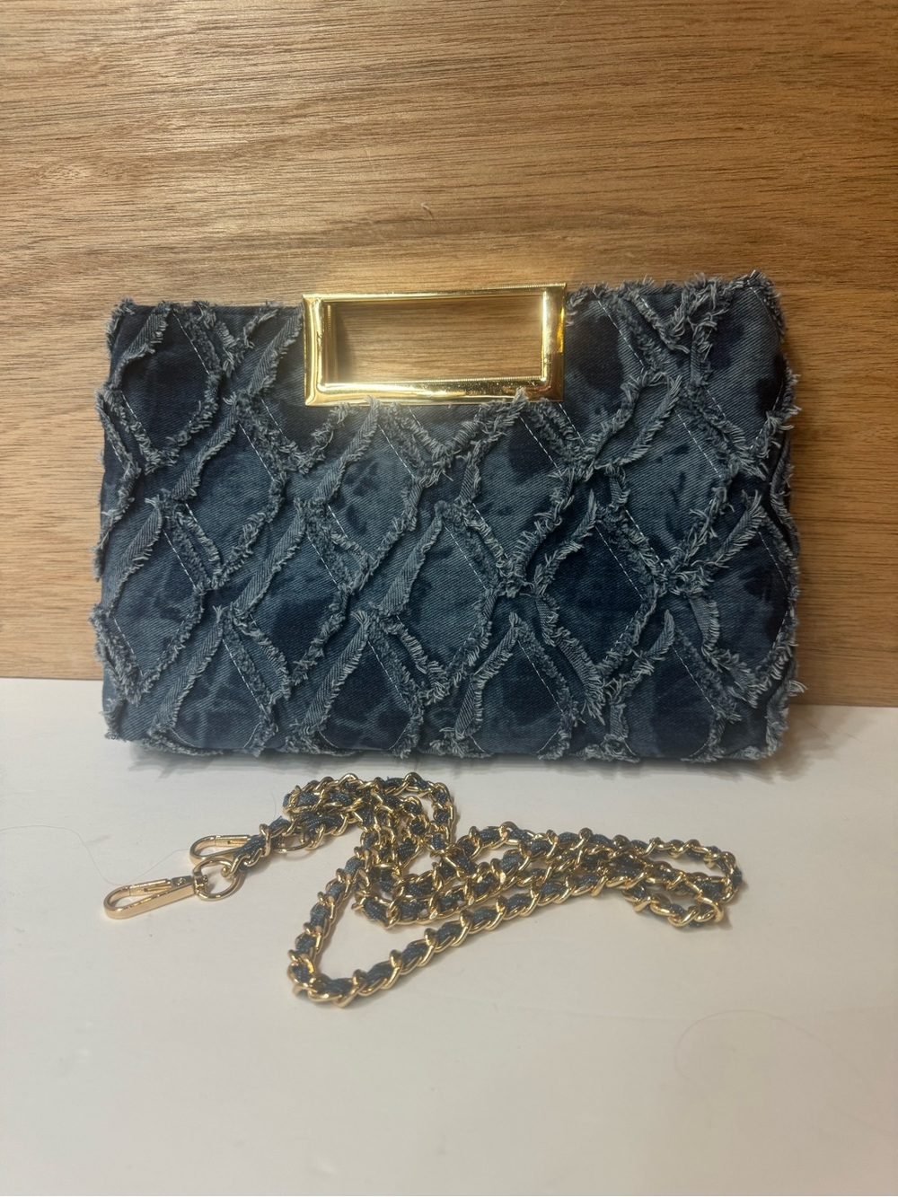 Denim Quilted Clutch  and crossbody with Gold Handle - Picture 2 of 11